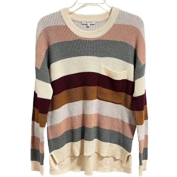 Madewell Sweater Sz XS Thompson Pocket Pullover Knit in Cream Green Multi Stripe - Picture 2 of 11